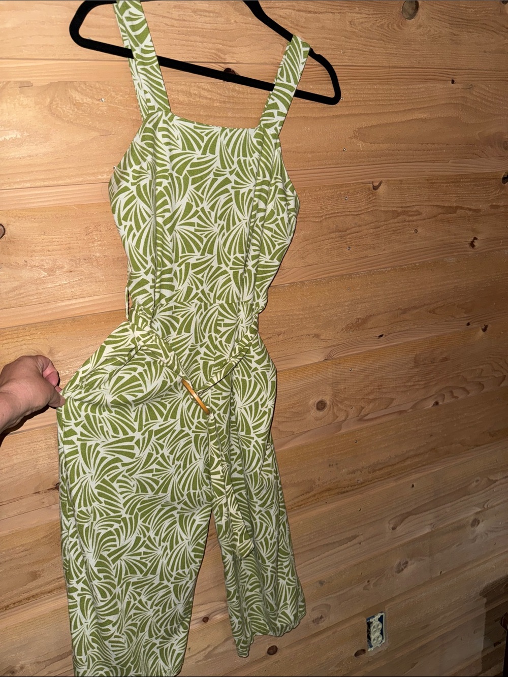 Green and White Patterned Belted Linen blend Cropped Jumpsuit